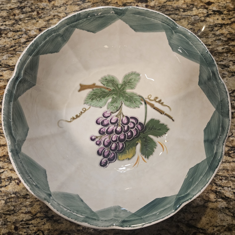 Decorative White Ceramic Serving Bowl with Green Rim and Purple Grape Motif